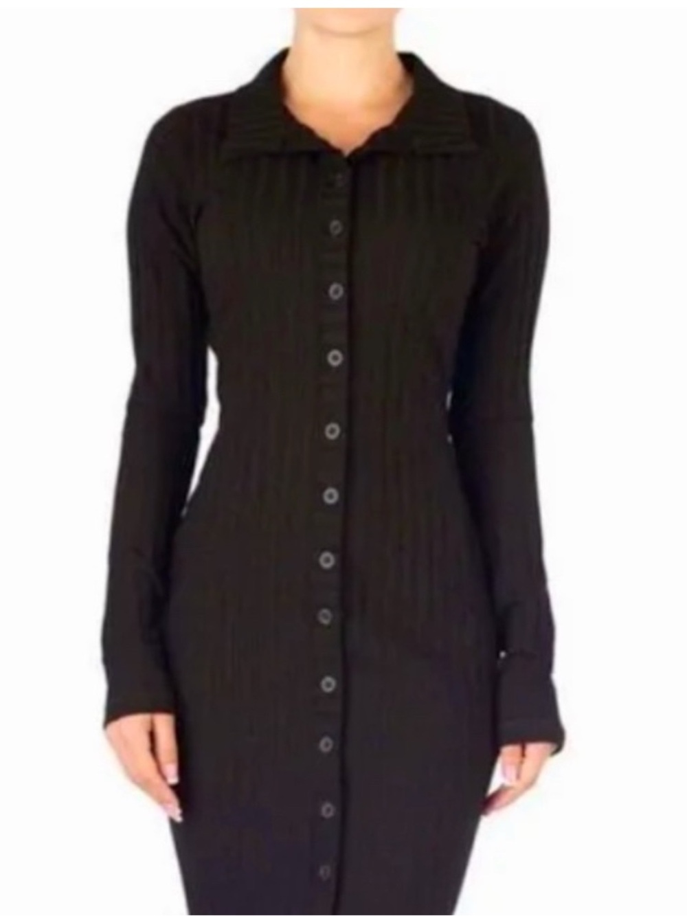 Good American Ribbed Button-Front Long Sleeve Dress